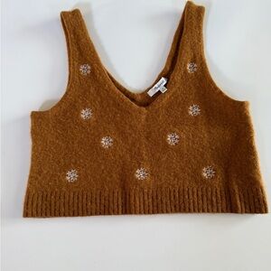 Madewell Floral-Embroidered V-Neck Sweater Tank in Acorn, made of a wool blend